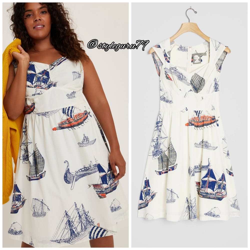 Anthropologie White and Blue Nautical Print Dress